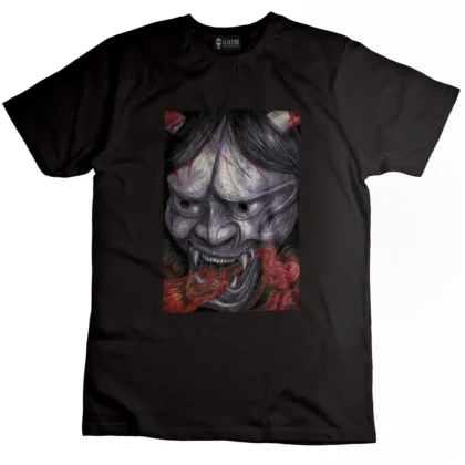 Full colour DTG Print from evil Hanya mask in tattoo style on black t-shirt