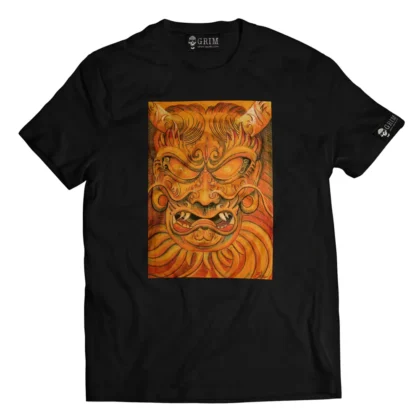 Full colour DTG Print from yellow Hanya mask in tattoo style on black t-shirt