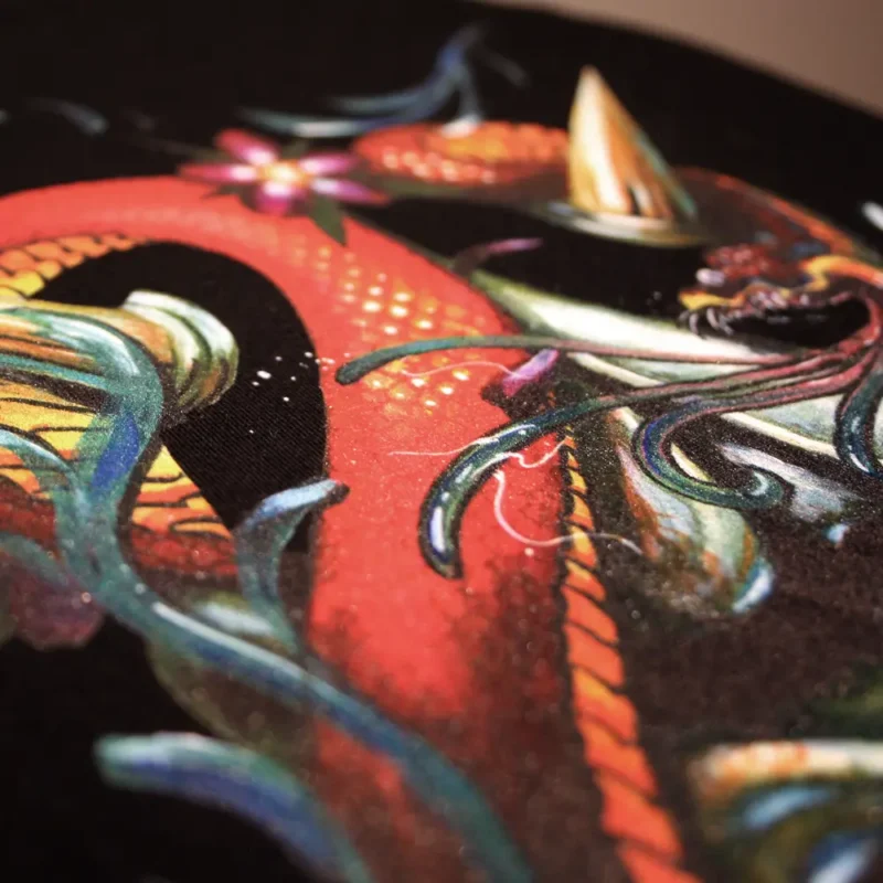 Close up from full colour DTG Print from Hanya mask in tattoo style on black t-shirt