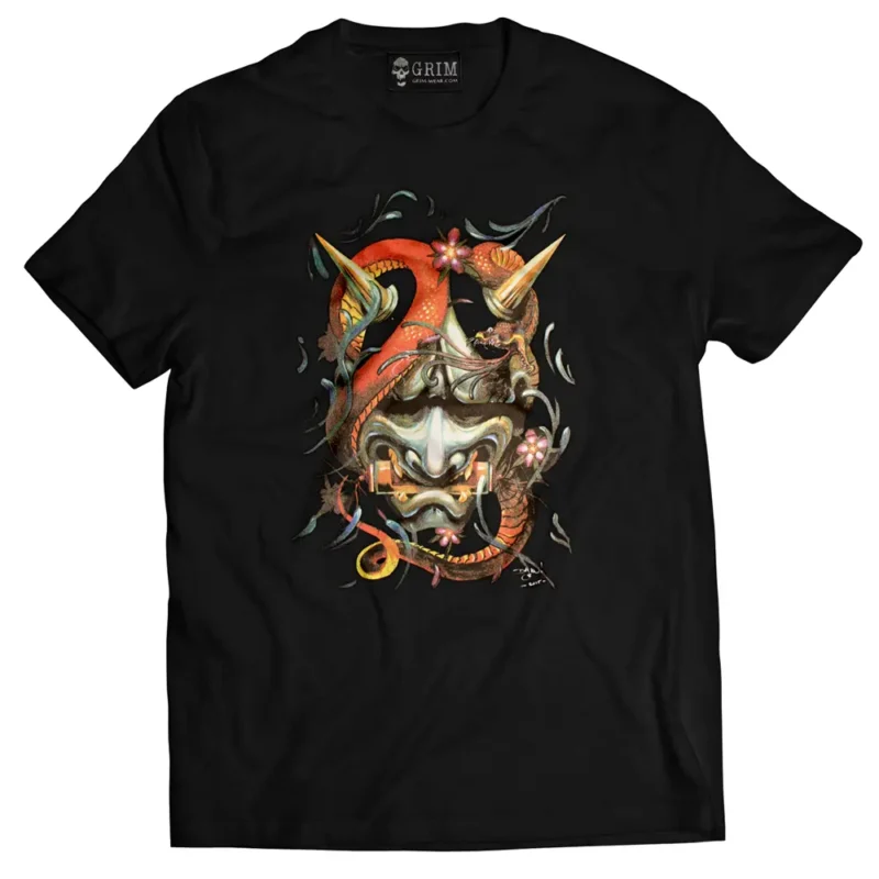 Full colour DTG Print from Hanya mask in tattoo style on black t-shirt